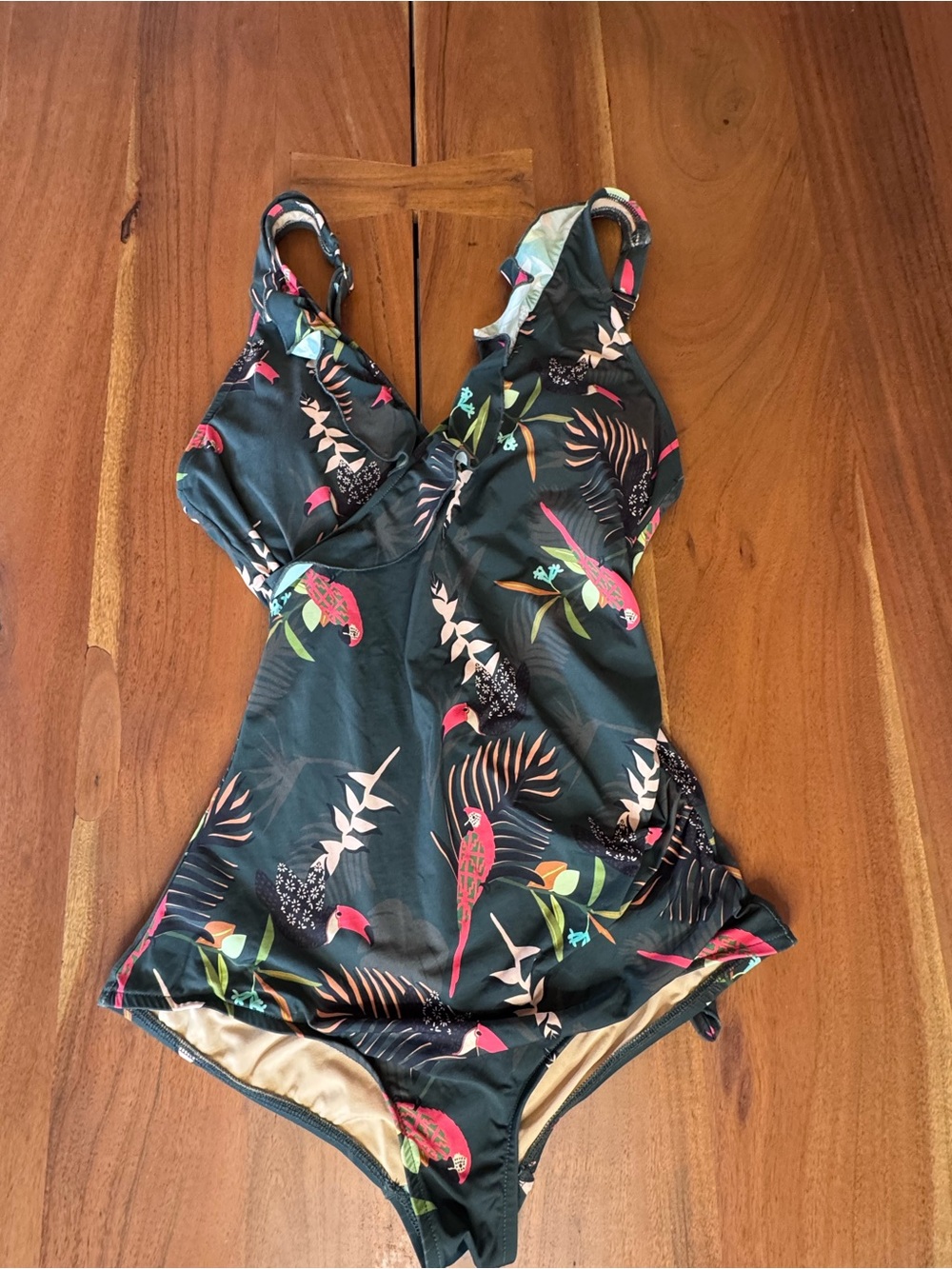 Jessica Rey One Piece Swimsuit Made in USA Tropical Bird Print Tie Back Retro